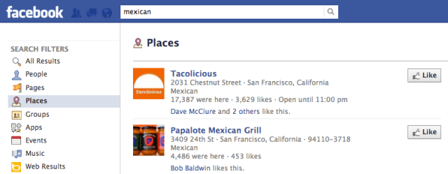 Facebook Places search results