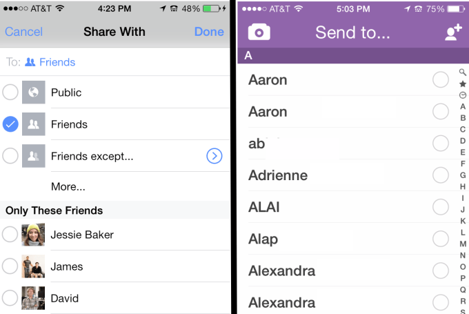 Facebook's new Share With feature on the right, Snapchat on the left