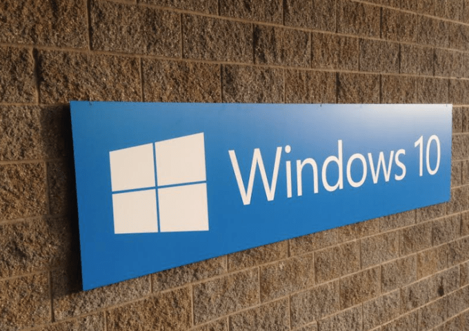 A Windows 10 sign on Microsoft's campus.
