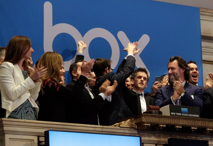 Box team applauding after ringing the bell on the day of their IPO.