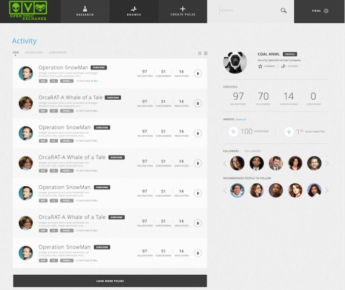 Screenshot of OTX social network showing people exchanging threat information.