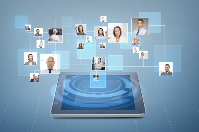 Network of people coming out of a tablet.