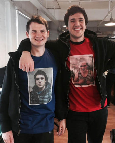 Songkick's Ian Hogarth (left) and CrowdSurge's Matt Jones (right) wearing shirts with each other's faces