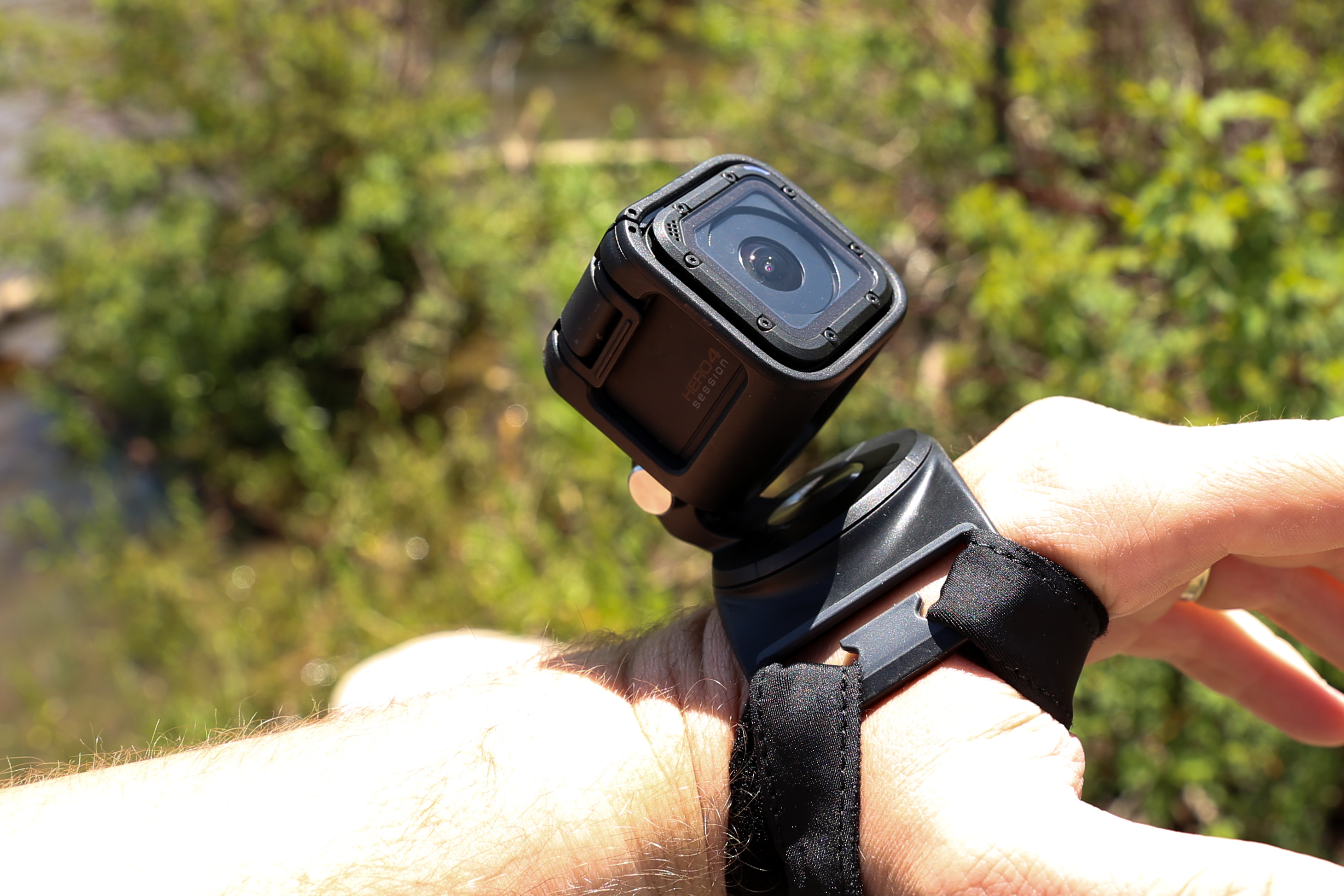 The GoPro Hero4 Session mounted to The Strap, GoPro's latest mount designed to work with the Session and all other GoPro cameras.