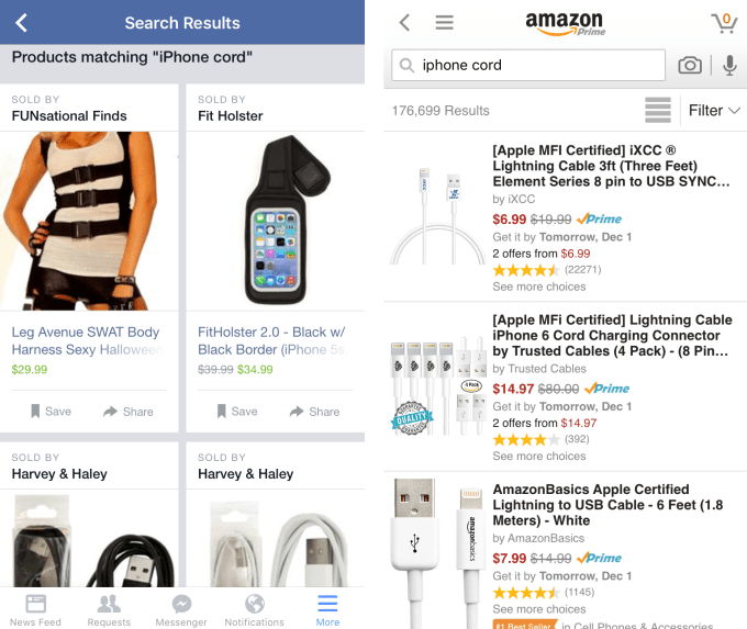 Facebook (left) has trouble accurately ranking shopping search results