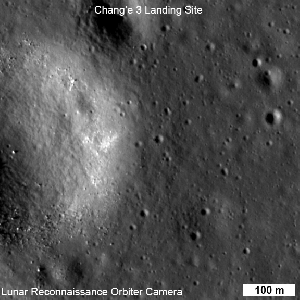 NASA Lunar Reconnaissance Orbiter image of the Chang'e Lander (large white dot) and Yutu Rover (smaller white dot) / Image courtesy of NASA, GSFC, and Arizona State University