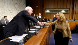 Secretary of the Air Force Deborah Lee James greets Sen. John McCain / Image courtesy of U.S. Air Force photo/Scott M. Ash)