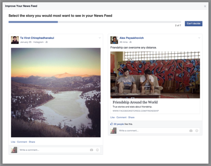 Facebook has also run surveys asking which of two News Feed surveys people like better