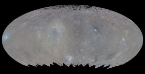 Global elliptical map of Ceres in enhanced color / Image courtesy of NASA