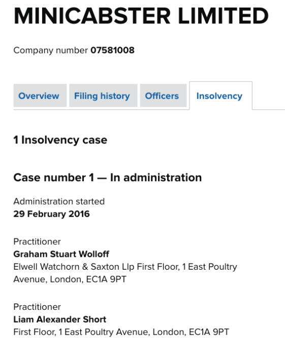 Minicabster in administration (Companies House)