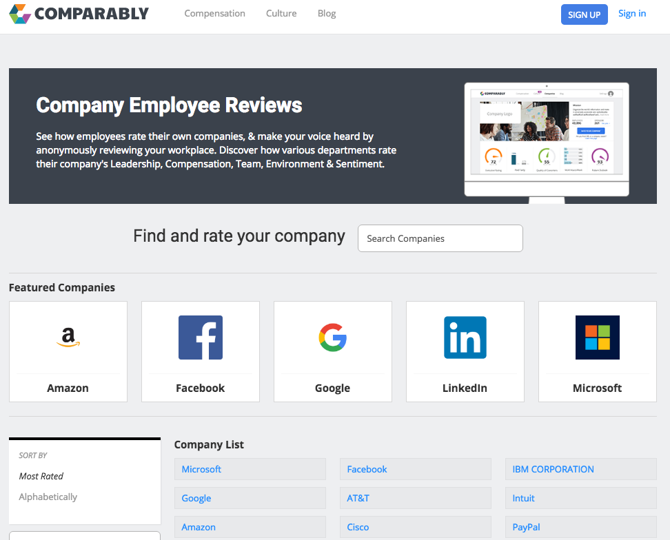 The company directory page lets you search for companies to rate or browse by most rated