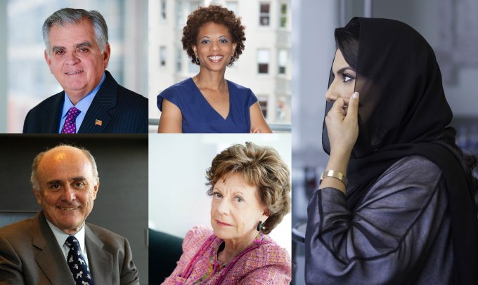 Clockwise: Ray LaHood, former Secretary of the U.S. Department of Transportation; Melody Barnes, a Co-Founder and Principal of MBSquared Solutions LLC and Vice Provost for Global Student Leadership Initiatives at New York University; Princess Reema bint Bandar Al Saud, Founder and CEO of Alf Khair; Neelie Kroes, Special Envoy for startups in the Netherland; and Professor Allan Fels, former Chairman of the Australian Competition and Consumer Commission