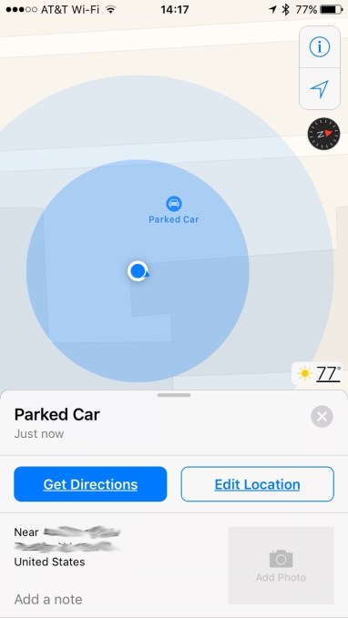 Apple Maps parked car