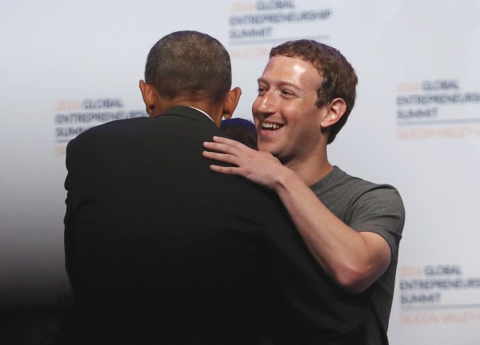 STANFORD, CA - JUNE 24: Facebook CEO Mark Zuckerberg (R) hugs U.S. President Barack Obama during the 2016 Global Entrepeneurship Summit at Stanford University on June 24, 2016 in Stanford, California. President Obama joined Silicon Valley leaders on the final day of the Global Entrepeneurship Summit. (Photo by Justin Sullivan/Getty Images)