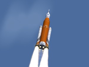 Illustration of NASA's SLS rocket with two solid rocket boosters and a core stage with four RS-25 engines / Image courtesy of NASA