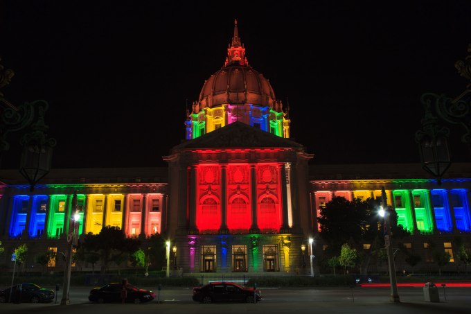 San Francisco city hall in rainbow colors during gay pride week. June 28, 2013 in San Francisco, California