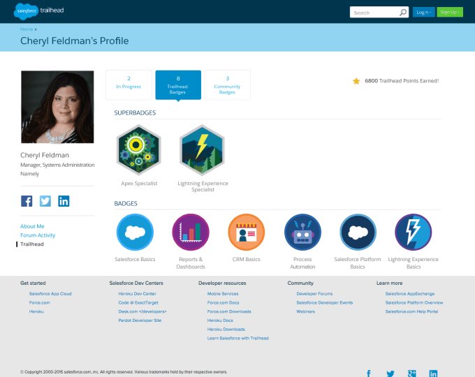 Profile with Salesforce Trailhead super badges showing a particular experise.