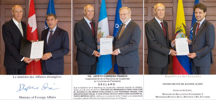 Representatives from Canada (left), Guatemala (center), and Ecuador present documents to WIPO's Francis Gurry.