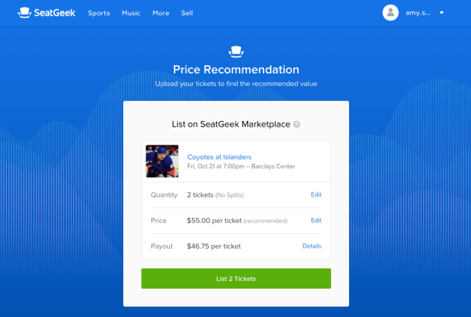 SeatGeek price recommendation