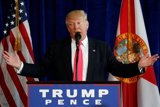 Republican presidential nominee Donald Trump speaks at a campaign event at Trump Doral golf course in Miami, Florida, U.S., July 27, 2016. REUTERS/Carlo Allegri