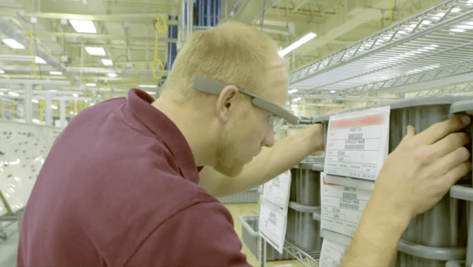 Boeing employee scans a code using Google Glass.