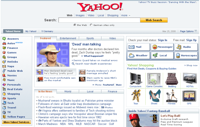 Yahoo home page in 2008