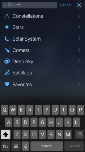 Screenshot of the search function in Sky Guide