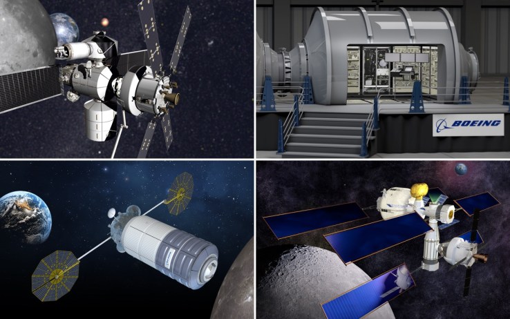 From top left: Lockheed Martin, Boeing, Orbital ATK, and Sierra Nevada's concept spacecraft.