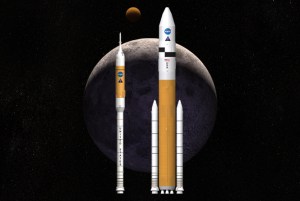 Artist rendering of NASA's Ares I and Ares V rockets as part of the Constellation program / Image courtesy of NASA