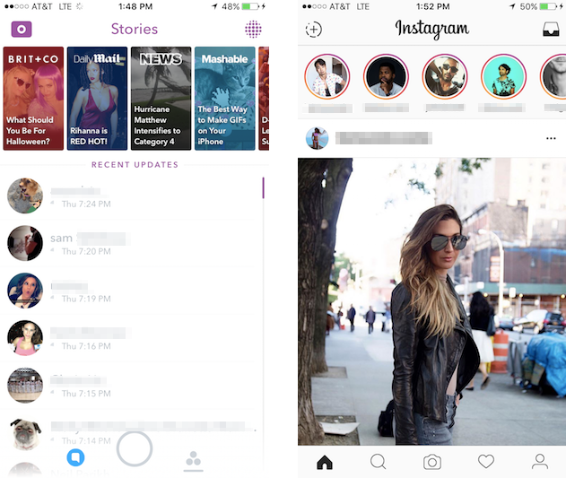 Snapchat's old Stories Page design pushed friends below Discover channels, while Instagram Stories highlights friends' Stories at the top