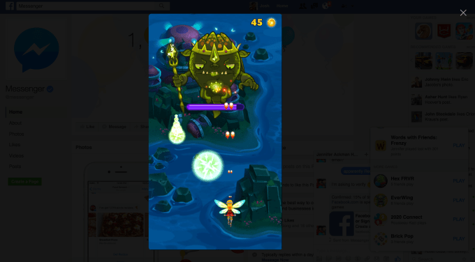 You can play Messenger Instant Games like EverWing on Facebook's web site thanks to an overlaid phone screen plus your mouse and keyboard