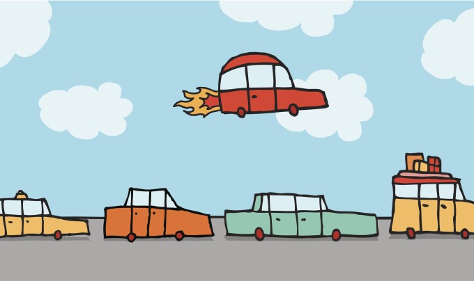 Cartoon illustration of a flying car passing above other land vehicles
