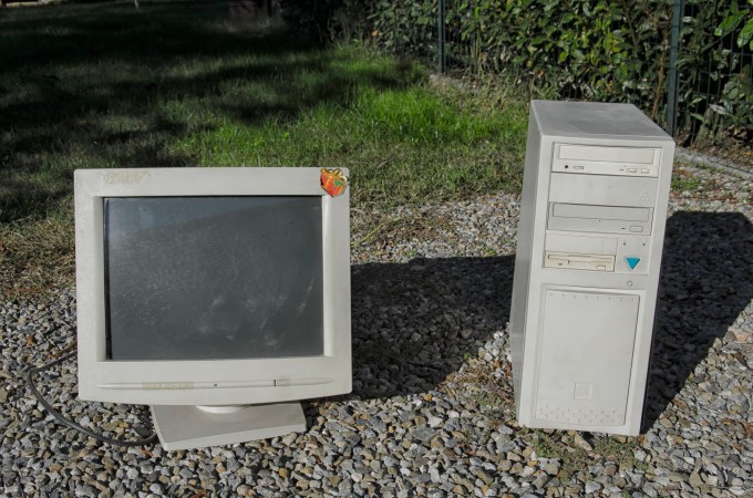 View of computer case and monitor of the 90s