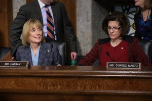 WASHINGTON, DC - JANUARY 11: Freshmen members of the Senate Sen. Sen. Maggie Hassan (D-NH) (L) and Sen. Catherine Cortez Mastro (D-NV) prepare for the Senate Commerce, Science and Transportation Committee's confirmation hearing for Elaine Chao to be the next U.S. secretary of transportation in the Dirksen Senate Office Building on Capitol Hill January 11, 2017 in Washington, DC. Chao, who has previously served as secretary of the Labor Department, was nominated by President-elect Donald Trump. (Photo by Chip Somodevilla/Getty Images)