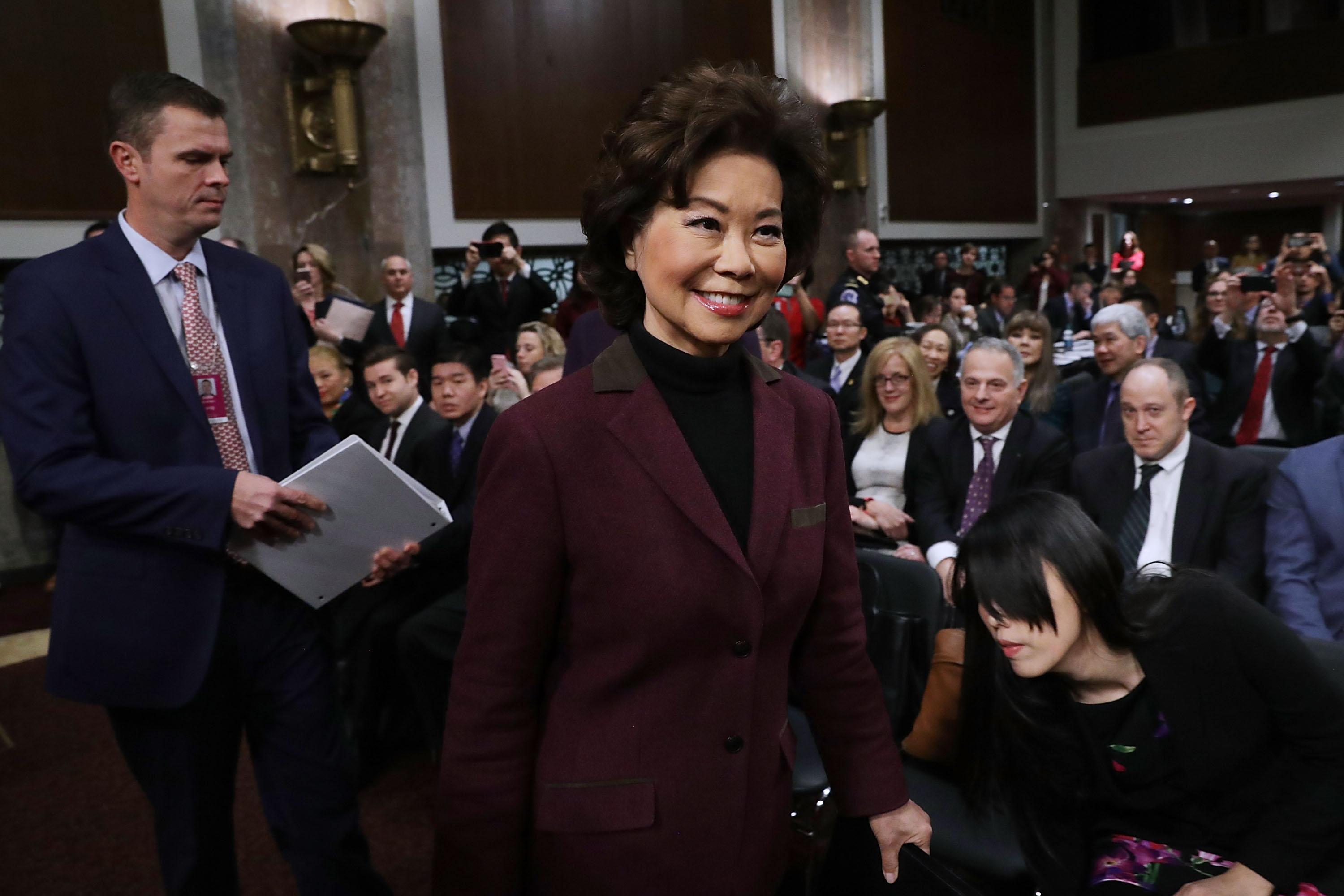 WASHINGTON, DC - JANUARY 11: Elaine Chao arrives for her confirmation hearing to be the next U.S. secretary of transportation before the Senate Commerce, Science and Transportation Committee in the Dirksen Senate Office Building on Capitol Hill January 11, 2017 in Washington, DC. The wife of Senate Majority Leader Mitch McConnell (R-KY), Chao, who has previously served as secretary of the Labor Department, was nominated by President-elect Donald Trump. (Photo by Chip Somodevilla/Getty Images)