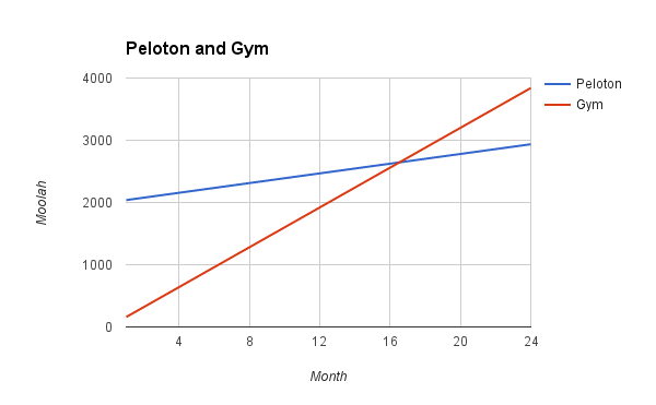 After about 17 months, the $2,000 + $39 subscription works out cheaper for two people than each of them paying for a $80 per month gym membership. 