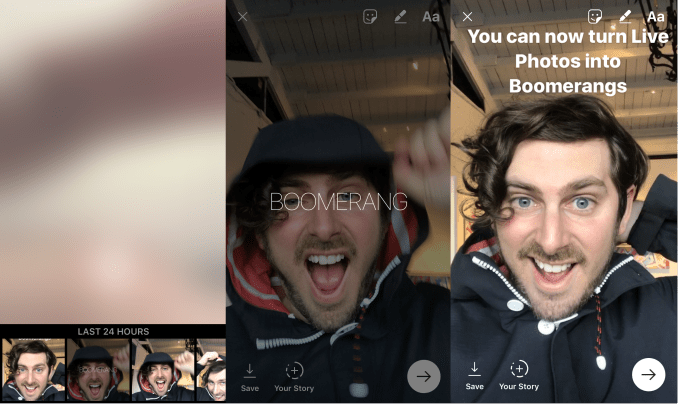 To turn a Live Photo into a Boomerang, open Instagram Stories, swipe up, select a Live Photo, 3D touch on the full-screen preview, and it will be converted into a Boomerang